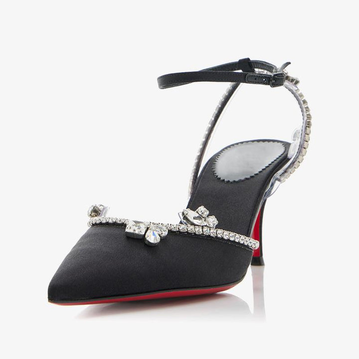 Black Crepe Satin Crystal-Embellished Pump - ARNO CONTI
