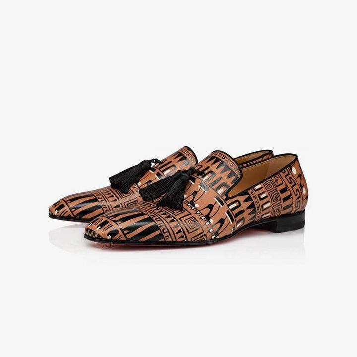 Tassel Greek Printing Calf Leather Loafers - ARNO CONTI