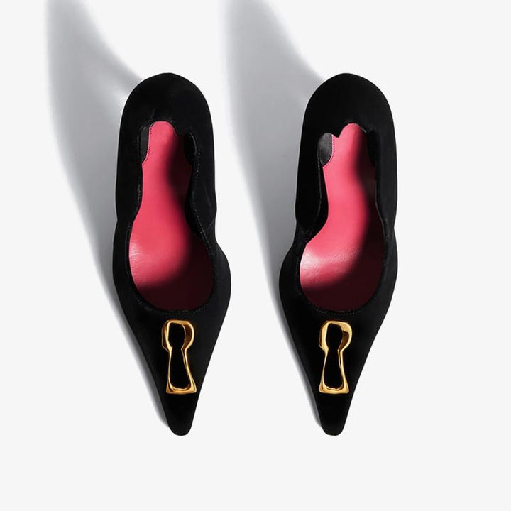 Black Suede Pumps with Gold Keyhole - Arno Conti Shoe