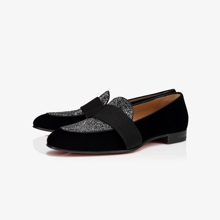 Glitter Rhinestone Strap Loafers Velvet Leather - ARNO CONTI