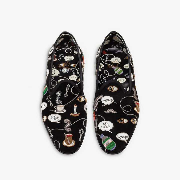 Men Embroidered Graffiti Loafers Suede Black - ARNO CONTI