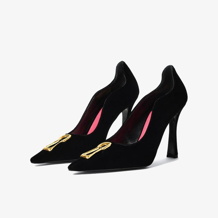 Black Suede Pumps with Gold Keyhole - Arno Conti Shoe