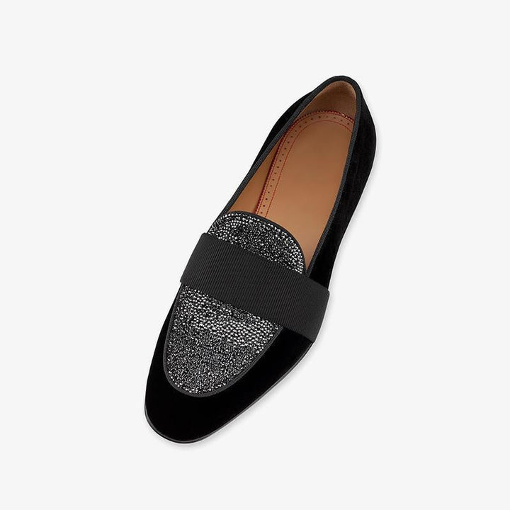 Glitter Rhinestone Strap Loafers Velvet Leather - ARNO CONTI