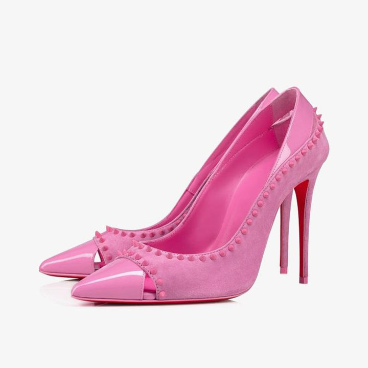Bubblegum Pink Patent Leather Spiked Pumps - ARNO CONTI