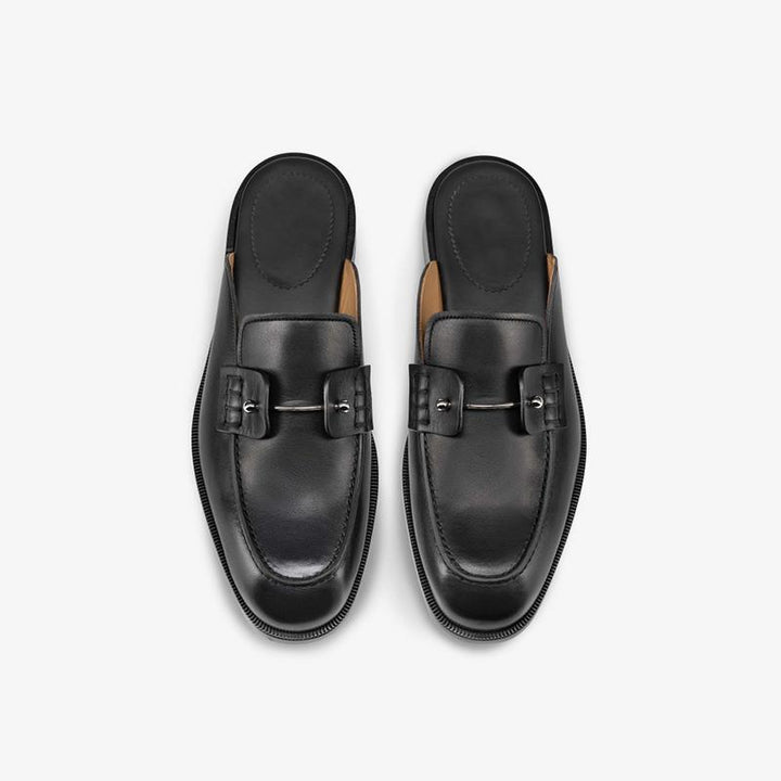 Black Leather Backless Collar Pin Loafer - ARNO CONTI