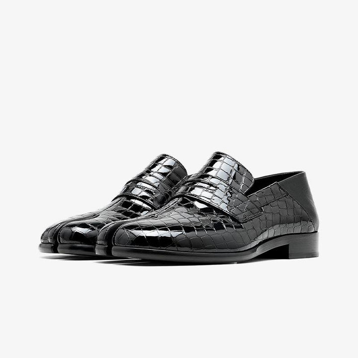 Croc-Effect Split-Toe Black Loafers - Arno Conti Shoe