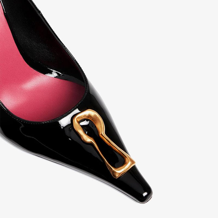 Patent Leather Pointed Pumps 100mm with Golden Keyhole Detail - Arno Conti Shoe