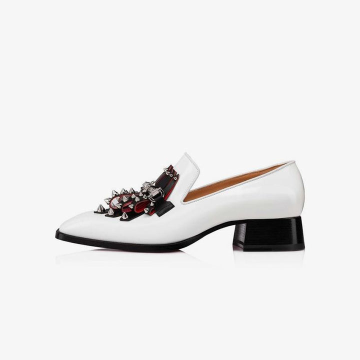 White Leather Loafers Rivets Square Toe Heels - ARNO CONTI