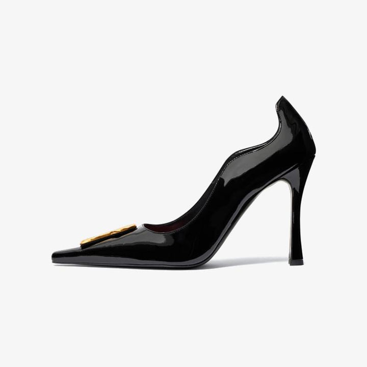 Patent Leather Pointed Pumps 100mm with Golden Keyhole Detail - Arno Conti Shoe