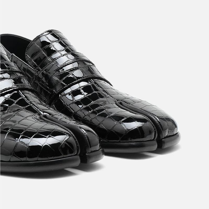 Croc-Effect Split-Toe Black Loafers - Arno Conti Shoe