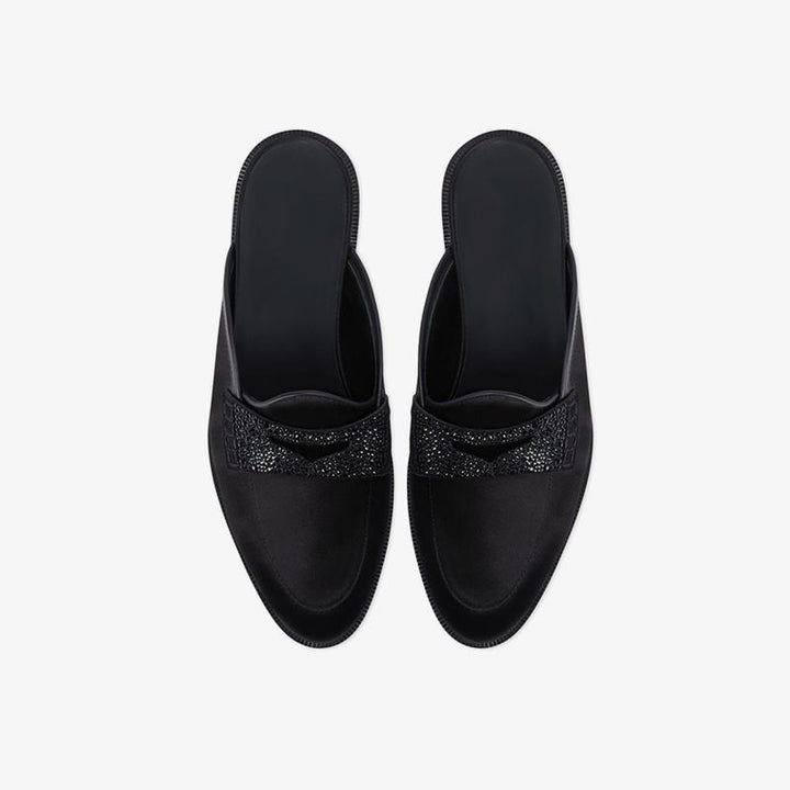 Black Rhinestone Slipper Leather Satin Shoes - ARNO CONTI