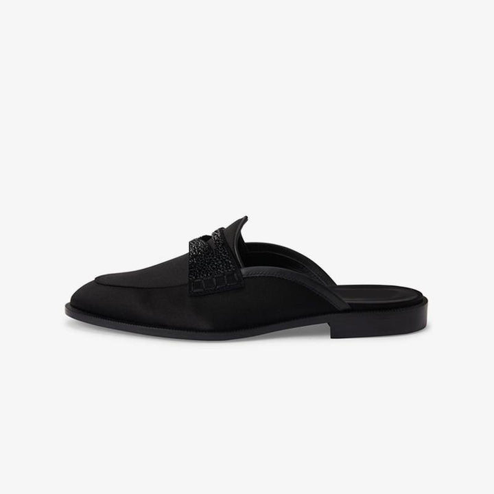 Black Rhinestone Slipper Leather Satin Shoes - ARNO CONTI