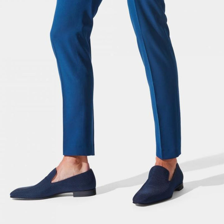 Navy Loafers Men Fabric Leather Slip On - ARNO CONTI