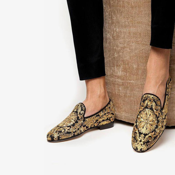 Gold Embroidered Leather Loafers - Arno Conti Shoe