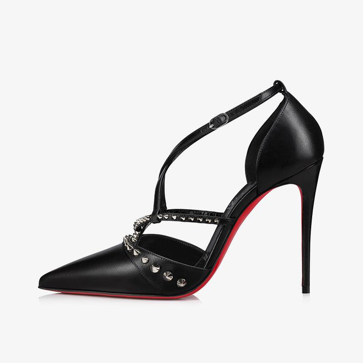 Black Calf Leather Spiked Strap Pumps - ARNO CONTI