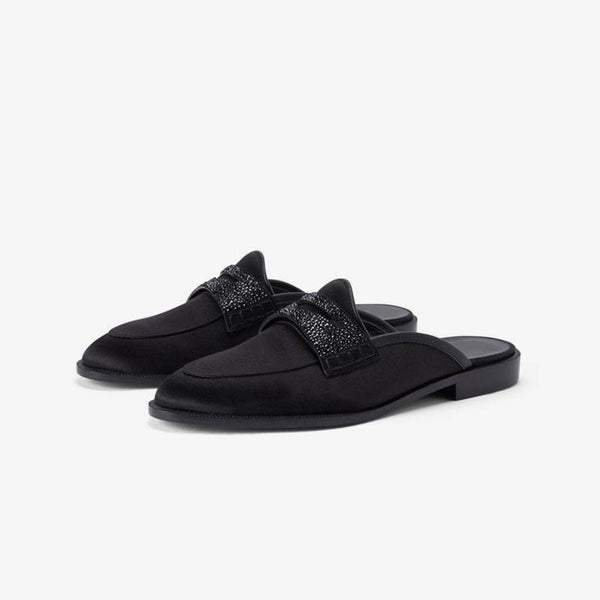 Black Rhinestone Slipper Leather Satin Shoes - ARNO CONTI