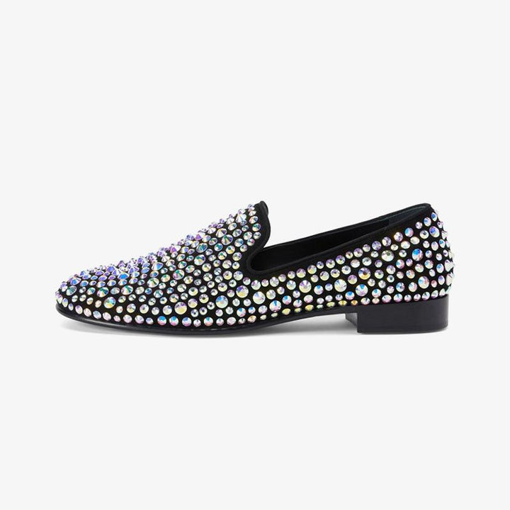 Black Suede Crystal-Embellished Loafers - Arno Conti Shoe