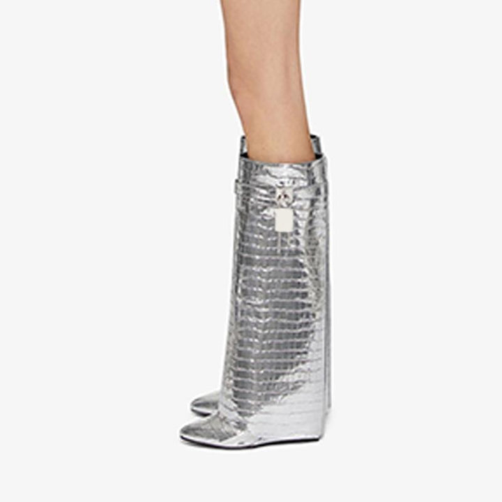 Sleek Silvery Crocodile-Embossed High Boots - Arno Conti Shoe