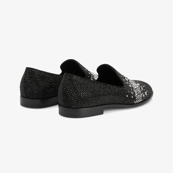 Black Suede Rhinestone-Embellished Loafers - Arno Conti Shoe