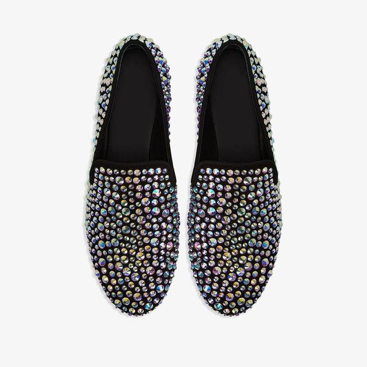 Black Suede Crystal-Embellished Loafers - Arno Conti Shoe