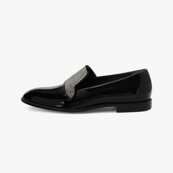 Jet Black Crystal-Embellished Patent Loafers - Arno Conti Shoe