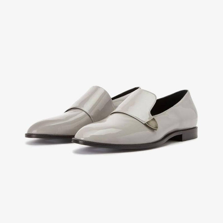 Ash Grey Patent Leather Loafers with Silver-Tone Plaque - Arno Conti Shoe