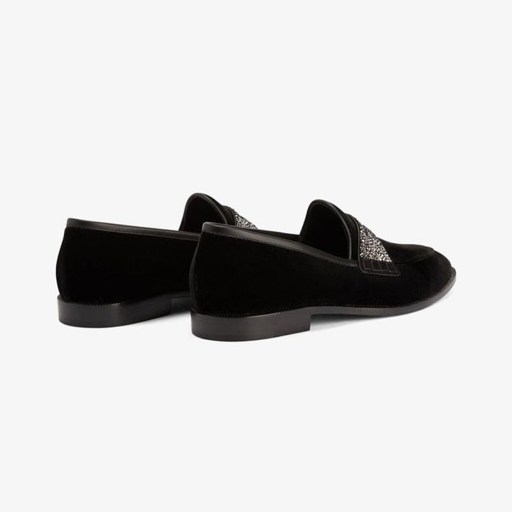 Black Velvet Loafers with Rhinestone Detail - Arno Conti Shoe