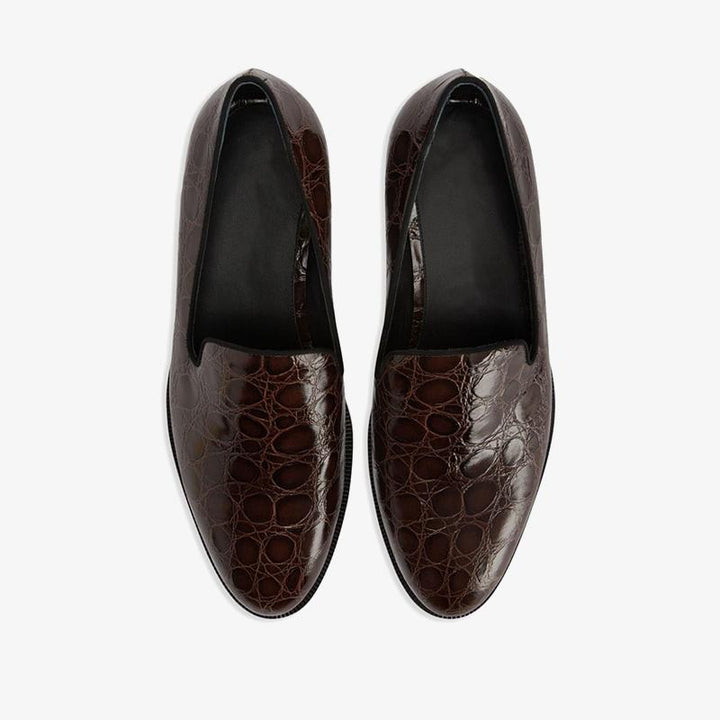 Chocolate Brown Crocodile-Embossed Leather Loafers - Arno Conti Shoe