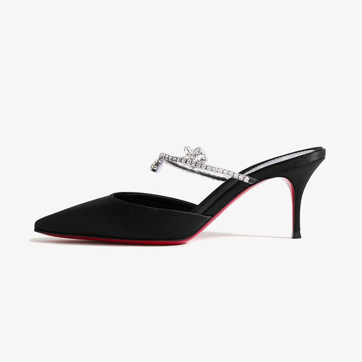 Black Satin Pumps with Crystal Embellishments - ARNO CONTI