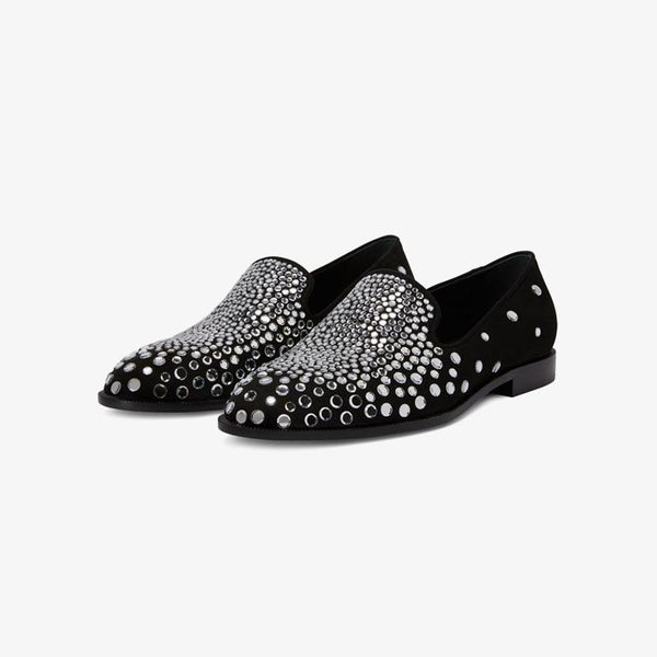 Core Black Suede Crystal-Embellished Loafers - Arno Conti Shoe