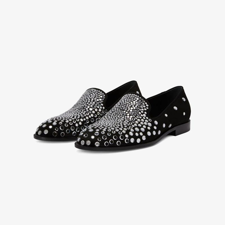 Core Black Suede Crystal-Embellished Loafers - Arno Conti Shoe