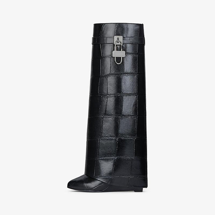 Luxe Black Crocodile-Embossed High Boots - Arno Conti Shoe