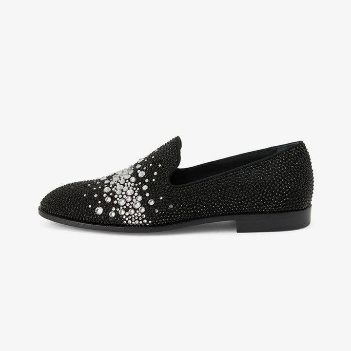 Black Suede Rhinestone-Embellished Loafers - Arno Conti Shoe