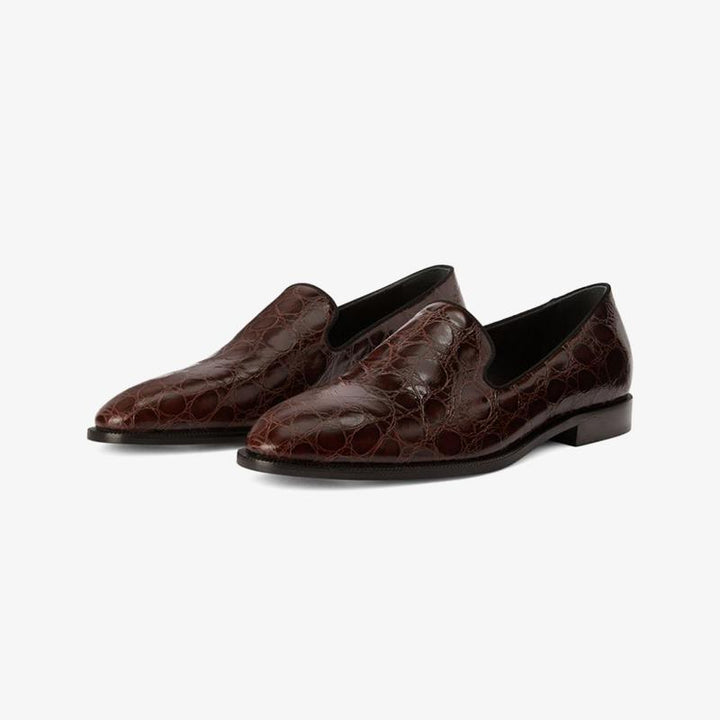 Chocolate Brown Crocodile-Embossed Leather Loafers - Arno Conti Shoe