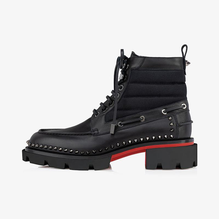 Black Leather Lace-Up Spikes Boot - ARNO CONTI