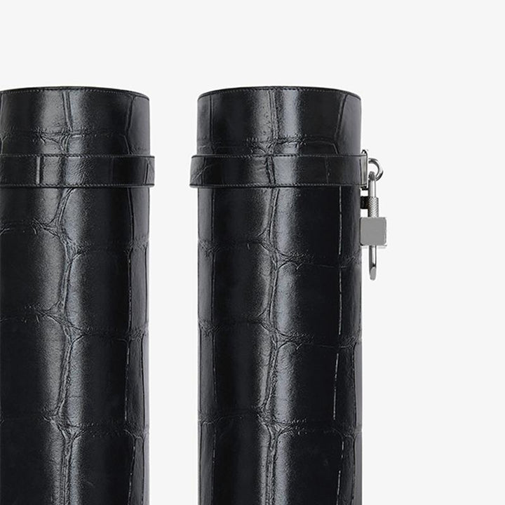 Luxe Black Crocodile-Embossed High Boots - Arno Conti Shoe