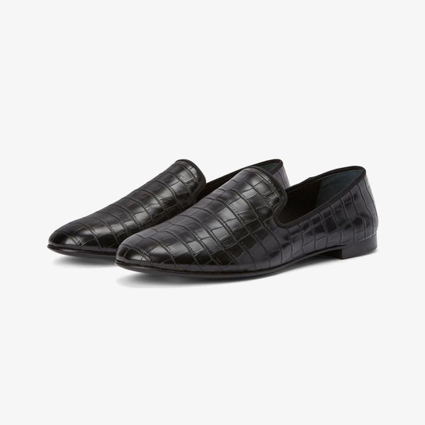 Black Embossed Leather Crocodile-Effect Loafers - Arno Conti Shoe