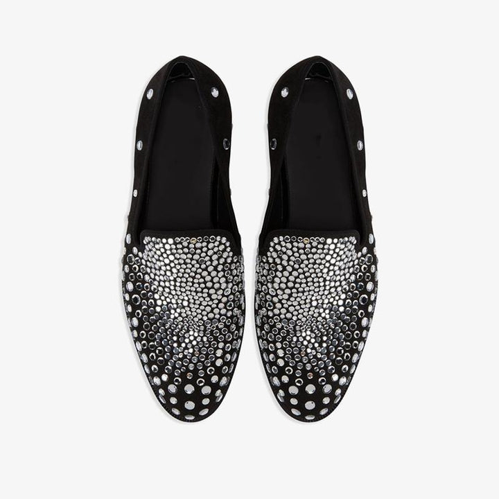 Core Black Suede Crystal-Embellished Loafers - Arno Conti Shoe