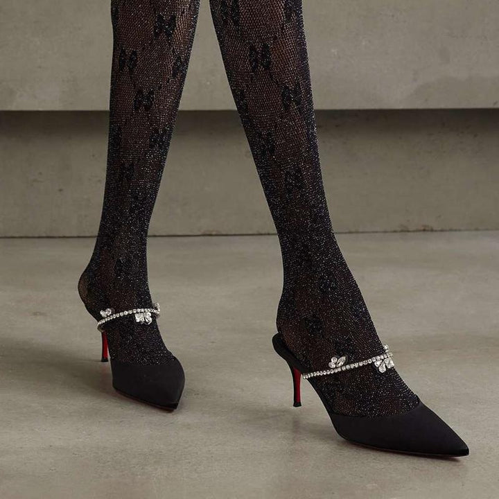 Black Satin Pumps with Crystal Embellishments - ARNO CONTI