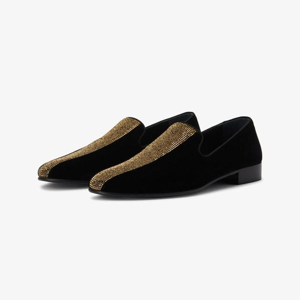 Black & Gold Velvet Tuxedo Diamond Loafers - Arno Conti Shoe