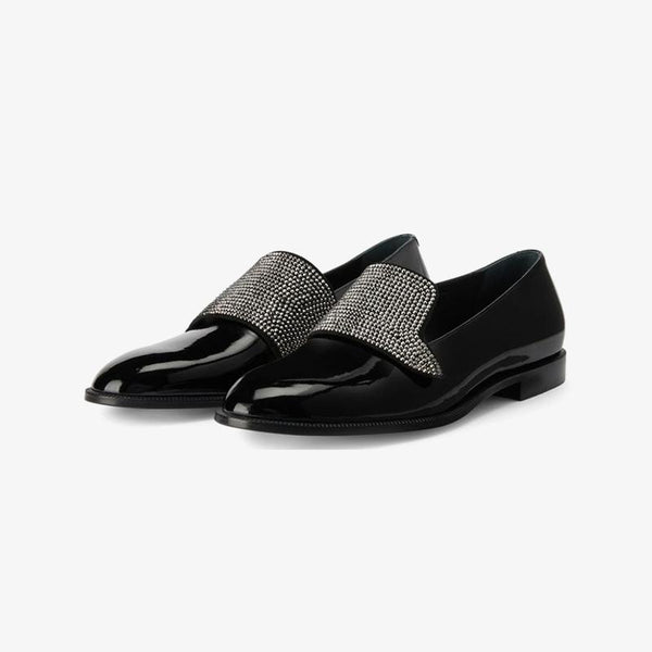 Jet Black Crystal-Embellished Patent Loafers - Arno Conti Shoe