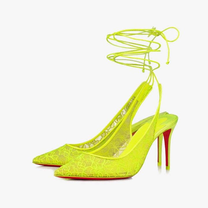 Fluo Yellow Lace Sandals with Stiletto Heel - ARNO CONTI