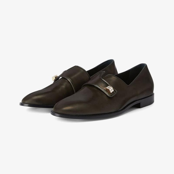 Dark Brown Leather Loafers with Crystal Embellishment - Arno Conti Shoe