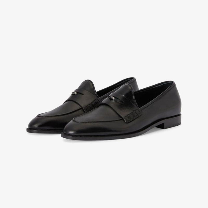 Jet Black Penny-Slot Leather Loafers - Arno Conti Shoe