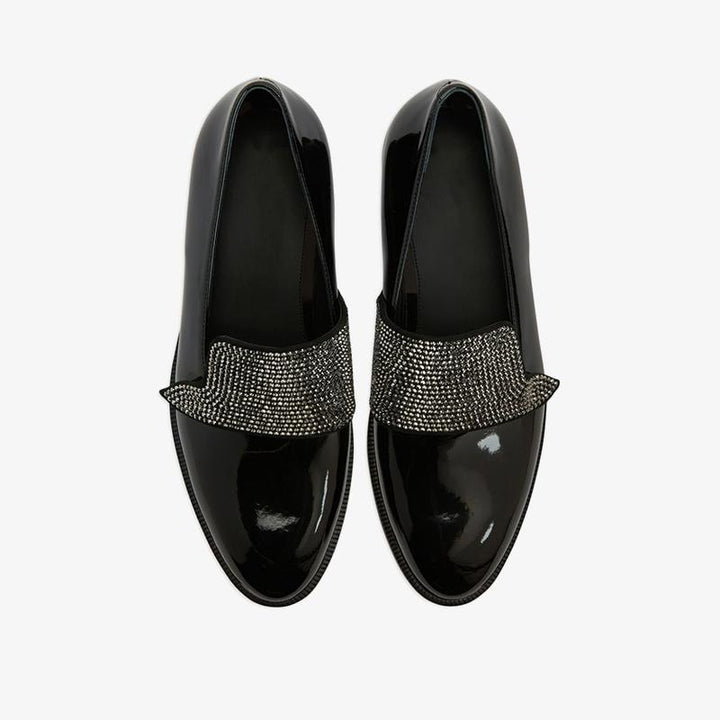 Jet Black Crystal-Embellished Patent Loafers - Arno Conti Shoe