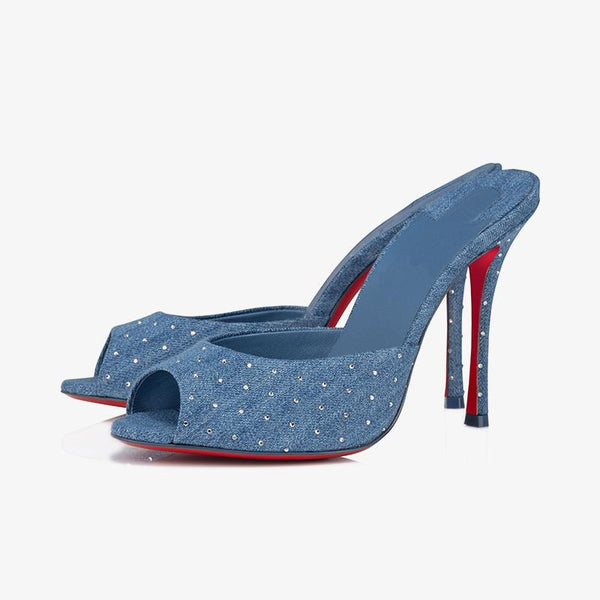 Elegant Blue Denim Strass Heeled Mules - ARNO CONTI