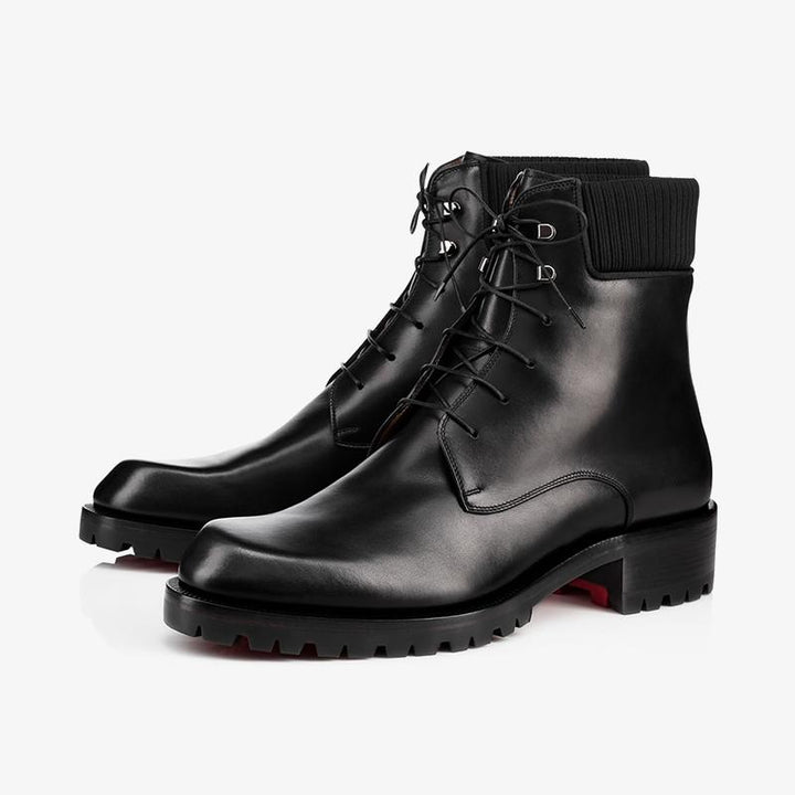 Black Patinated Calfskin Combat Boot with Grosgrain Trim - ARNO CONTI