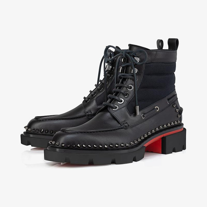 Black Leather Lace-Up Spikes Boot - ARNO CONTI